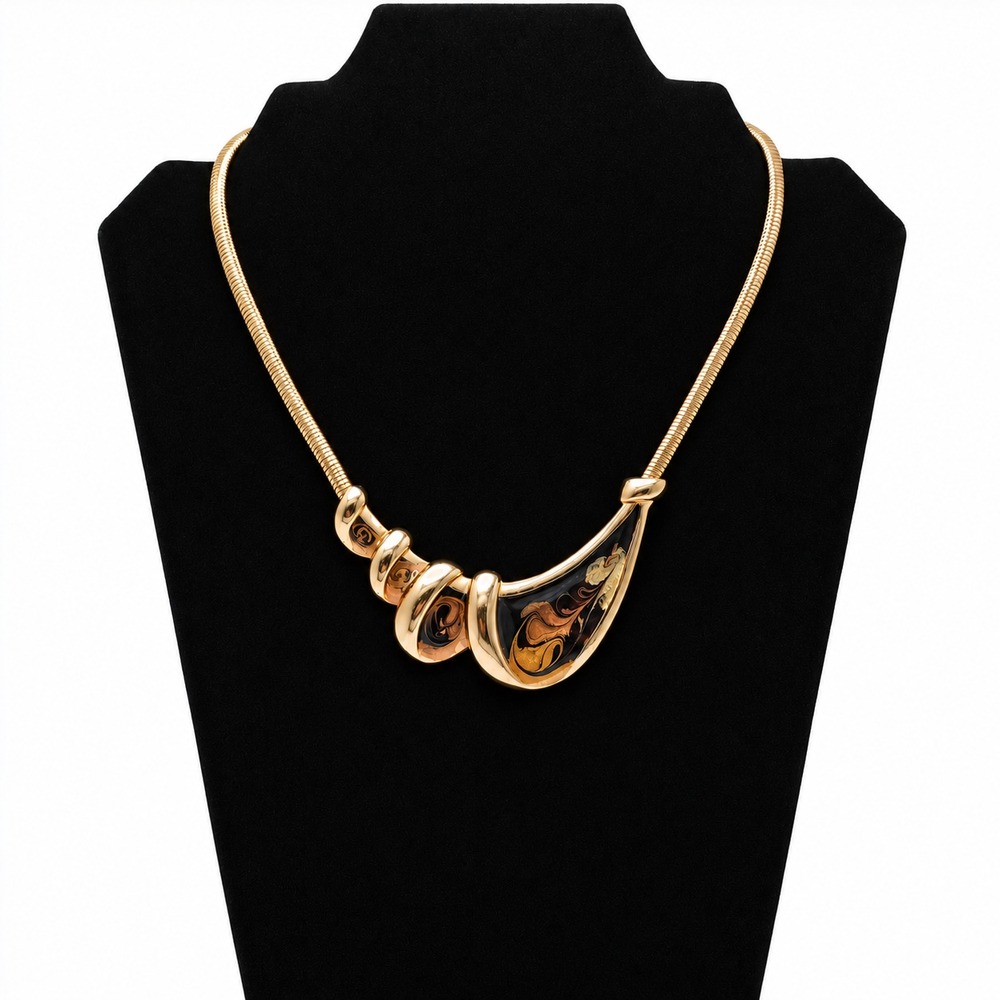 Vintage Gold Tone Black Enamel Asymmetrical Modernist Collar Necklace 17in